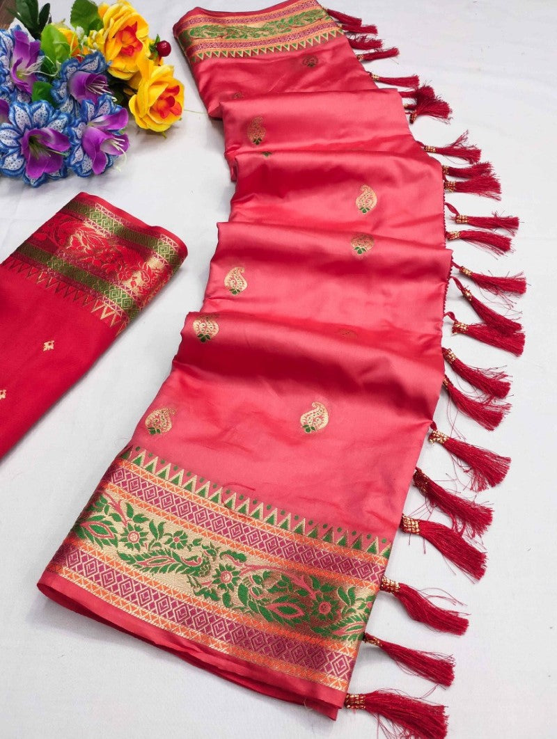 Outstanding Pink Soft Banarasi Silk Saree With Ideal Blouse Piece