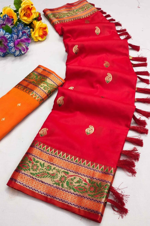 Load image into Gallery viewer, Staring Red Soft Banarasi Silk Saree With Ideal Blouse Piece
