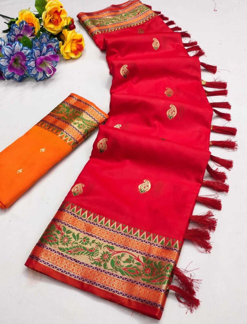 Staring Red Soft Banarasi Silk Saree With Ideal Blouse Piece