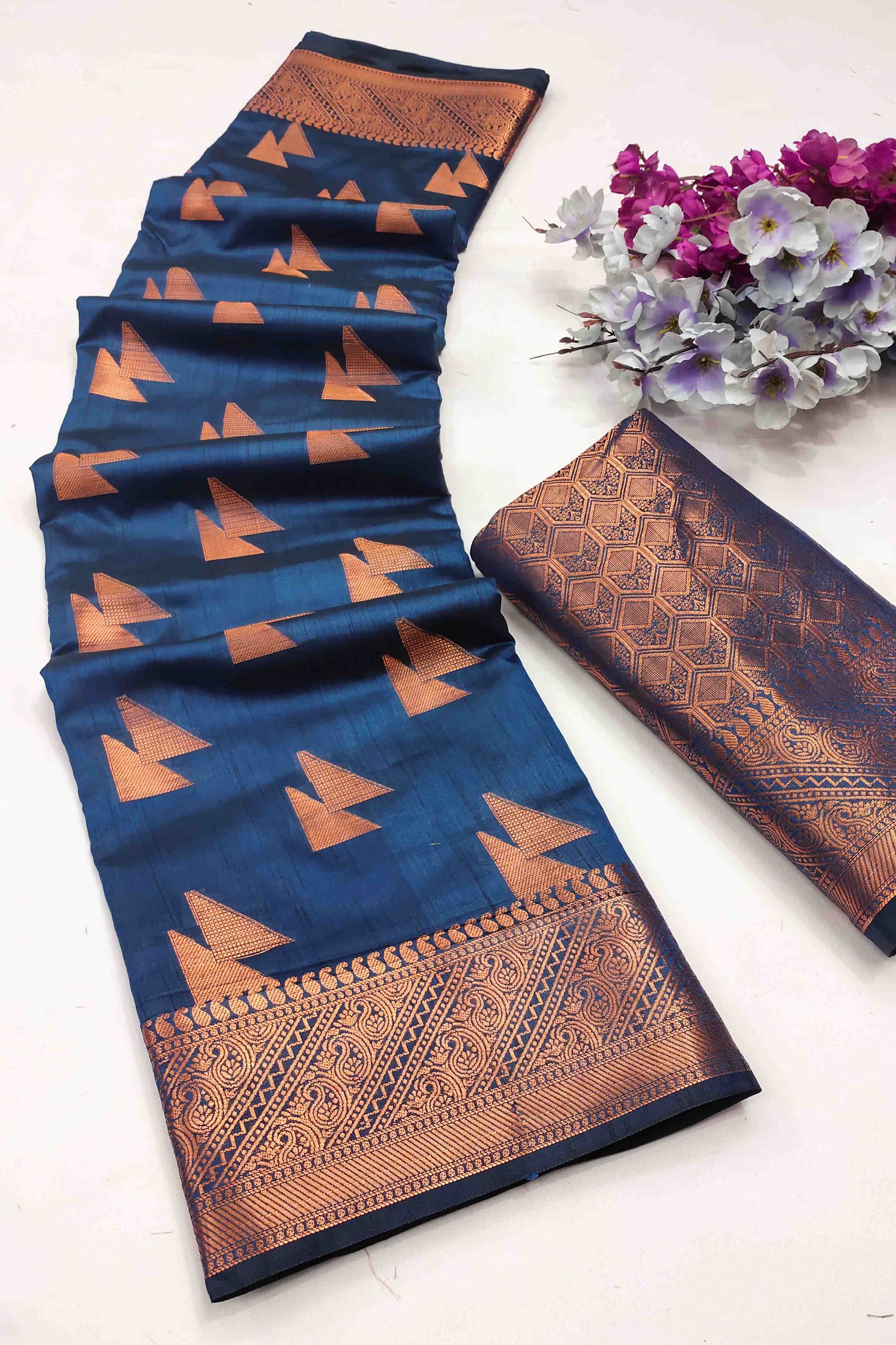 Pretty Navy Blue Banarasi Silk Saree With Forbearance Blouse Piece