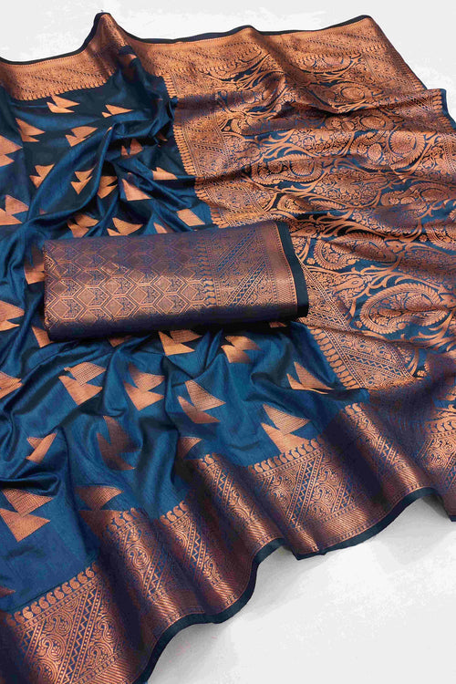 Load image into Gallery viewer, Pretty Navy Blue Banarasi Silk Saree With Forbearance Blouse Piece
