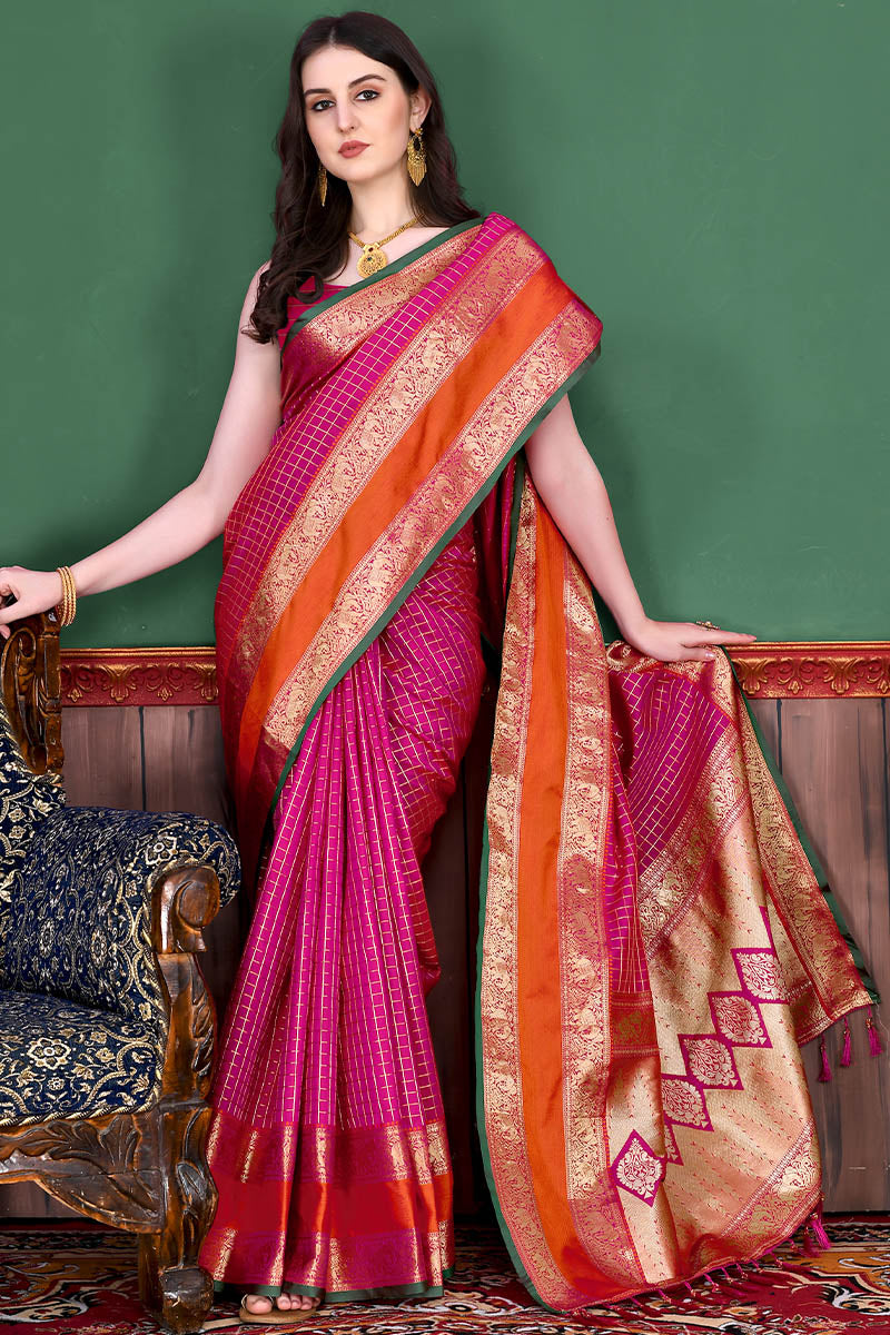 Opulent Dark Pink Soft Banarasi Silk Saree With Jazzy Blouse Piece