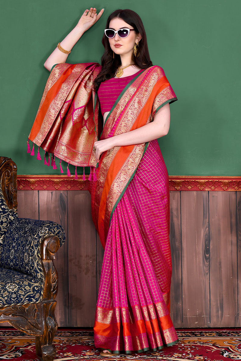 Opulent Dark Pink Soft Banarasi Silk Saree With Jazzy Blouse Piece