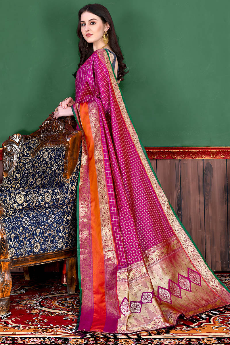 Opulent Dark Pink Soft Banarasi Silk Saree With Jazzy Blouse Piece