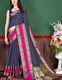 Deserving Navy Blue Soft Banarasi Silk Saree With Breathtaking Blouse Piece