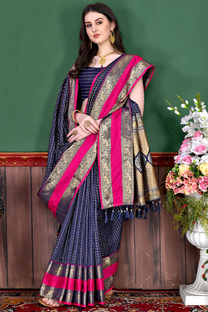 Deserving Navy Blue Soft Banarasi Silk Saree With Breathtaking Blouse Piece