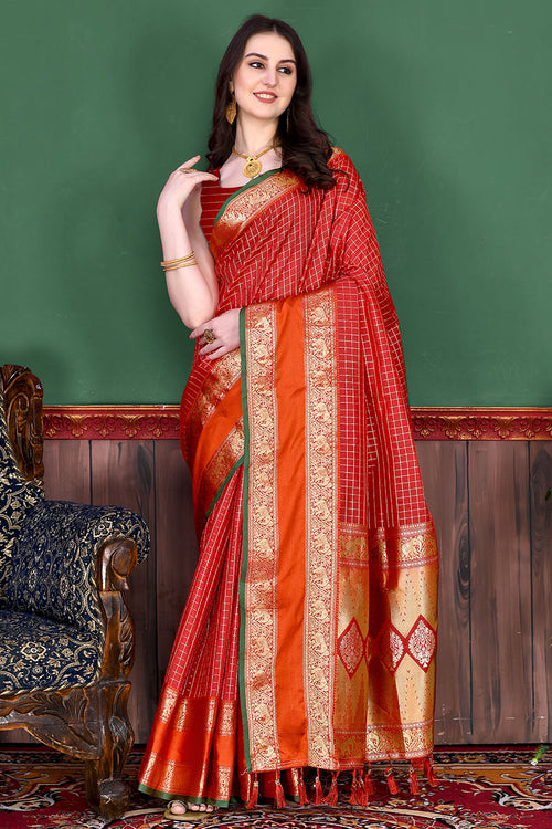 Load image into Gallery viewer, Bewitching Red Soft Banarasi Silk Saree With Demure Blouse Piece
