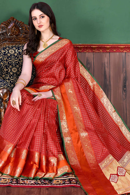 Bewitching Red Soft Banarasi Silk Saree With Demure Blouse Piece