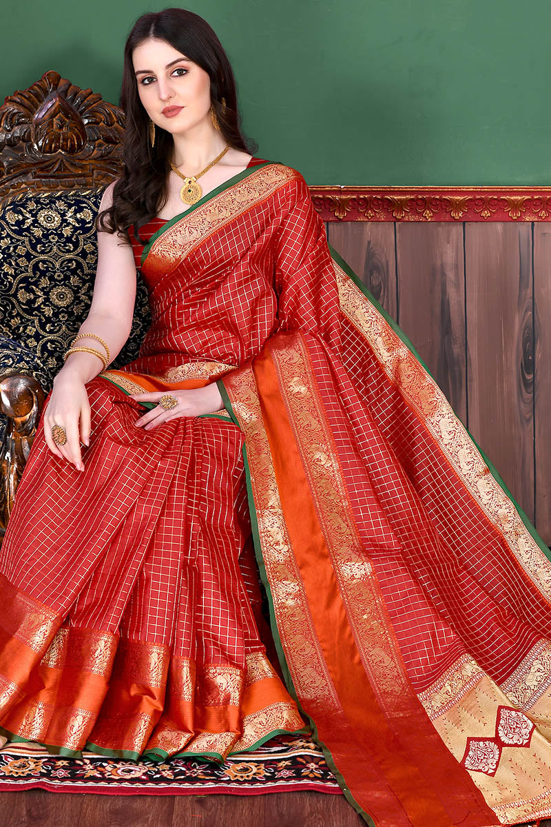 Bewitching Red Soft Banarasi Silk Saree With Demure Blouse Piece