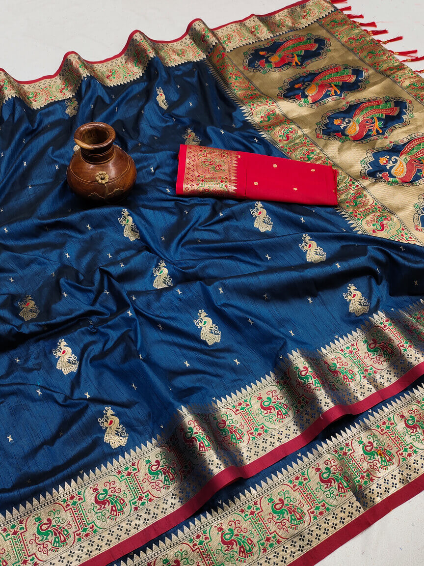 Precious Blue Paithani Silk Saree With Fairytale Blouse Piece