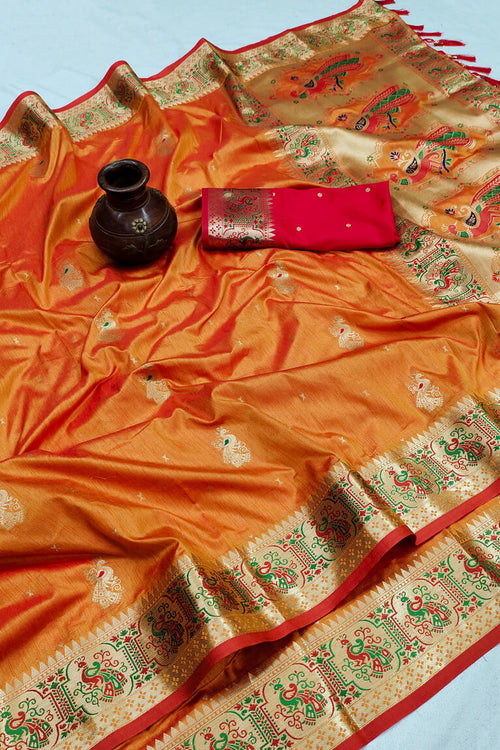 Load image into Gallery viewer, Invaluable Orange Paithani Silk Saree With Bewitching Blouse Piece
