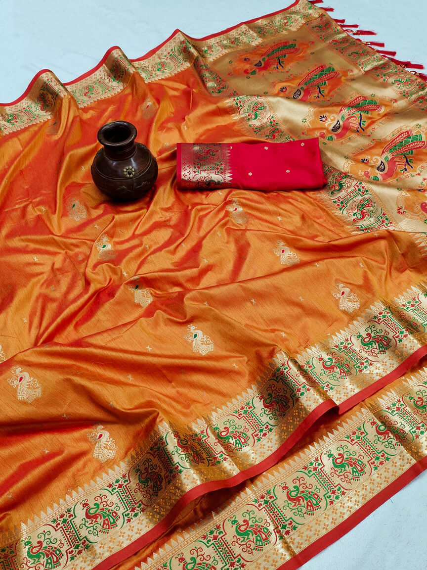 Invaluable Orange Paithani Silk Saree With Bewitching Blouse Piece