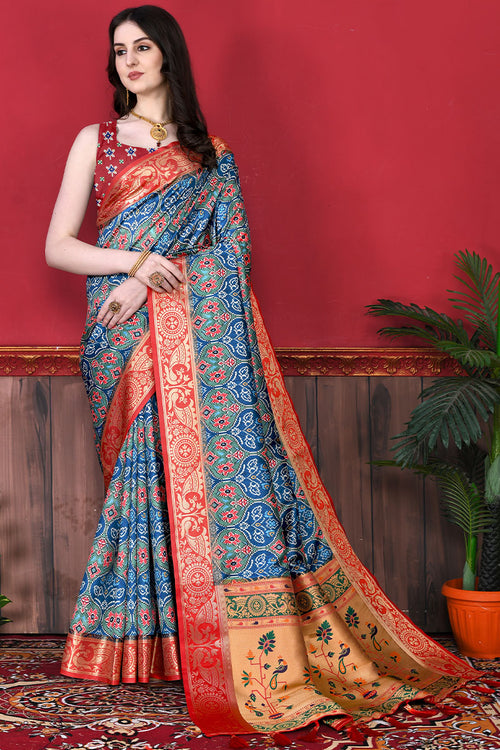 Load image into Gallery viewer, Serendipity Firozi Patola Silk Saree with Forbearance Blouse Piece
