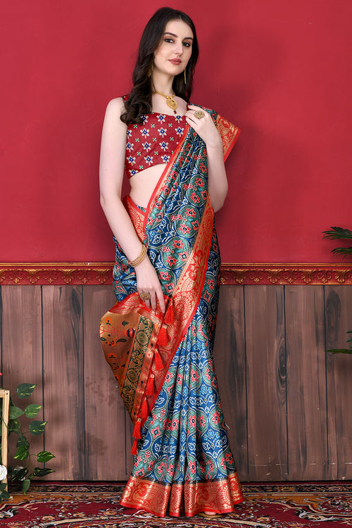 Load image into Gallery viewer, Serendipity Firozi Patola Silk Saree with Forbearance Blouse Piece
