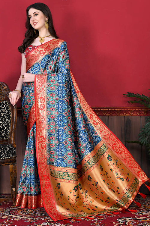 Load image into Gallery viewer, Serendipity Firozi Patola Silk Saree with Forbearance Blouse Piece
