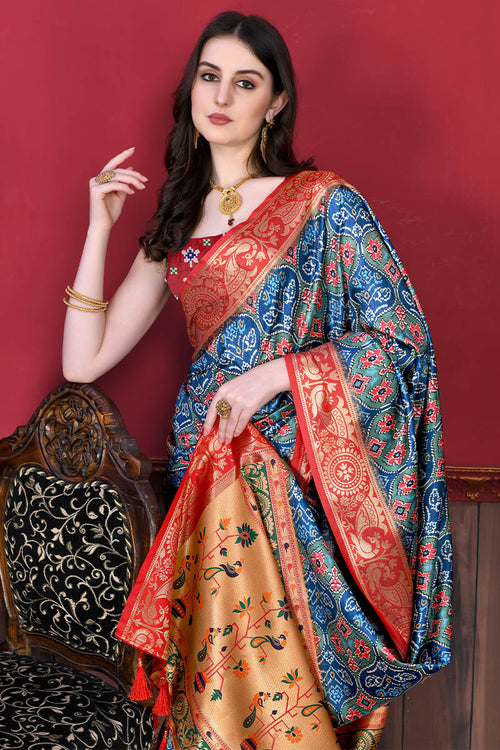 Load image into Gallery viewer, Serendipity Firozi Patola Silk Saree with Forbearance Blouse Piece
