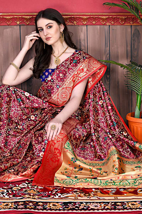 Load image into Gallery viewer, Conflate Maroon Patola Silk Saree with Angelic Blouse Piece
