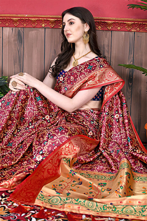 Load image into Gallery viewer, Conflate Maroon Patola Silk Saree with Angelic Blouse Piece
