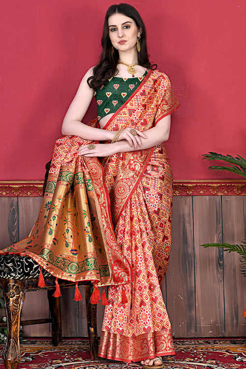 Load image into Gallery viewer, Ethnic Red Patola Silk Saree with Glowing Blouse Piece
