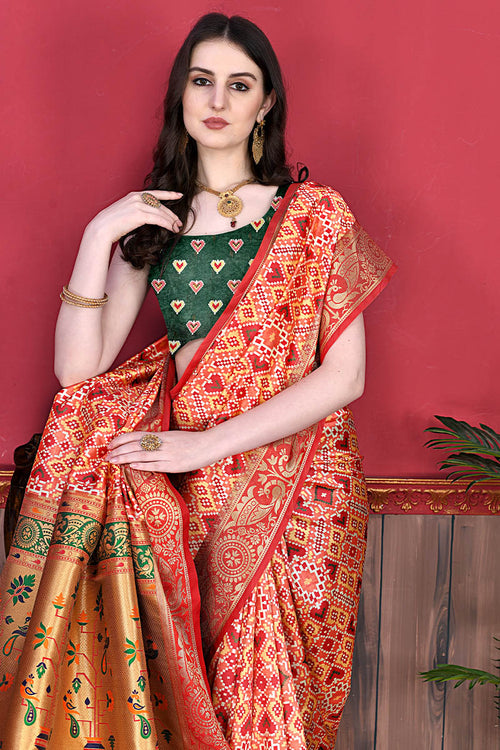 Load image into Gallery viewer, Ethnic Red Patola Silk Saree with Glowing Blouse Piece
