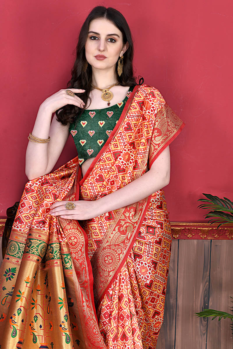 Ethnic Red Patola Silk Saree with Glowing Blouse Piece