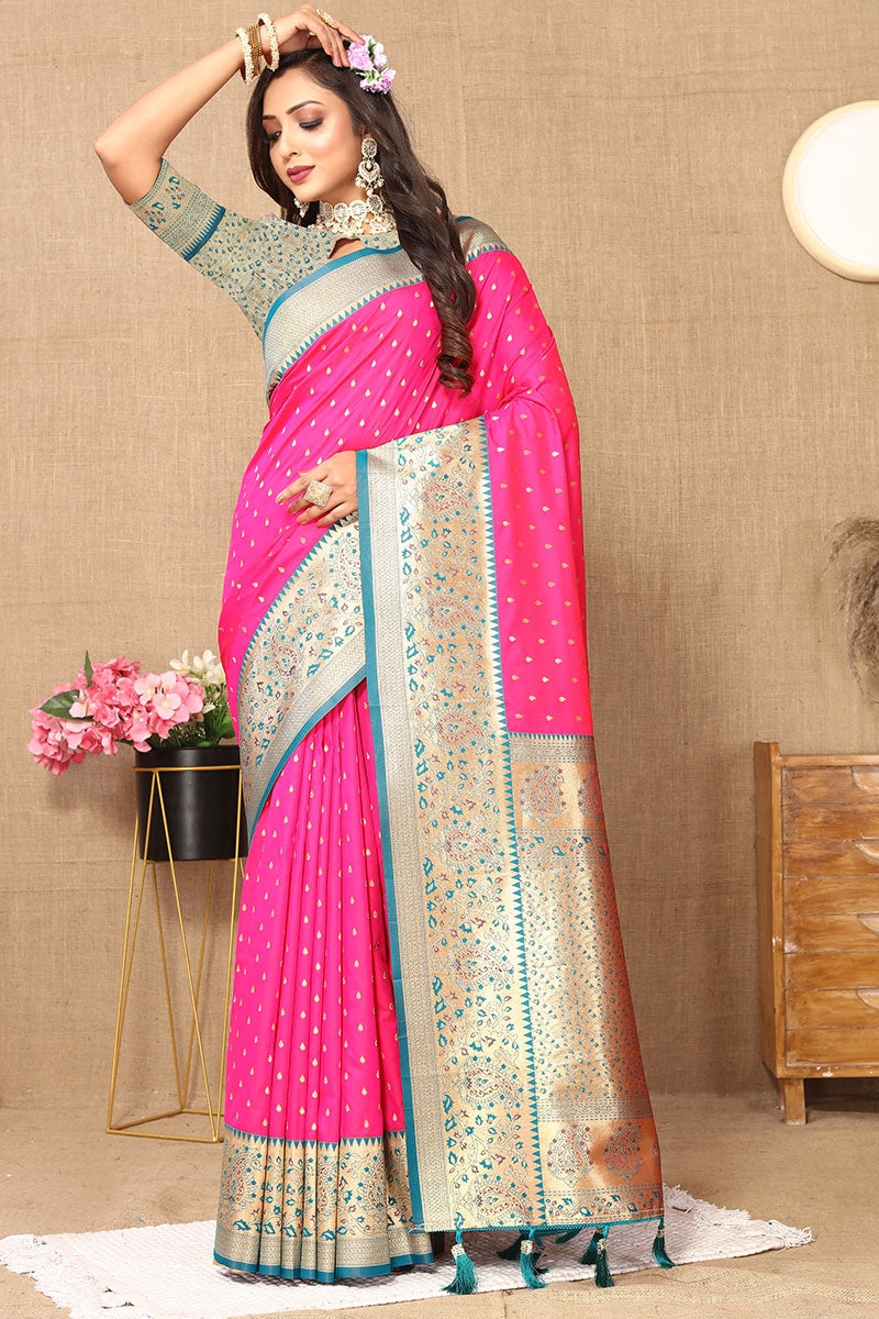 Desuetude Dark Pink Soft Banarasi Silk Saree With Nemesis Blouse Piece