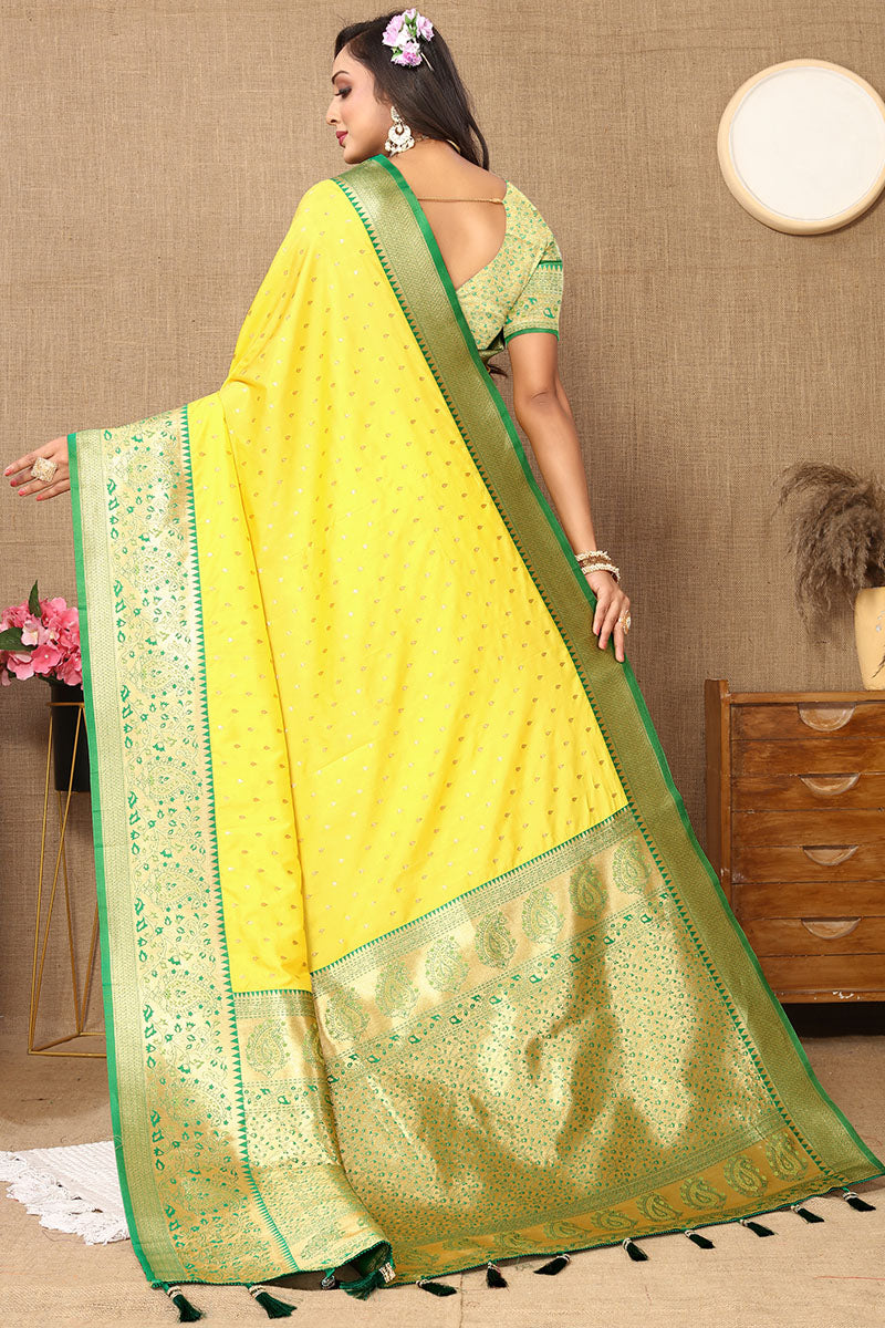 Forbearance Yellow Soft Banarasi Silk Saree With Efflorescence Blouse Piece