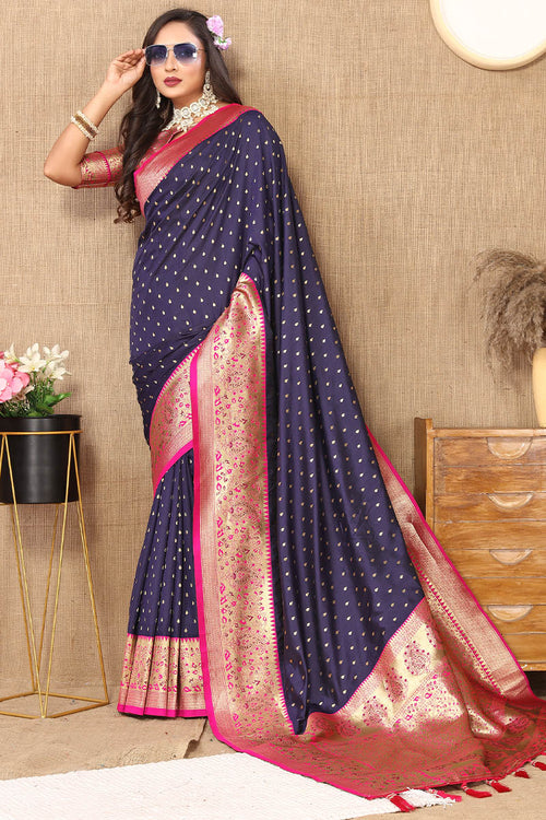 Load image into Gallery viewer, Chatoyant Navy Blue Soft Banarasi Silk Saree With Angelic Blouse Piece
