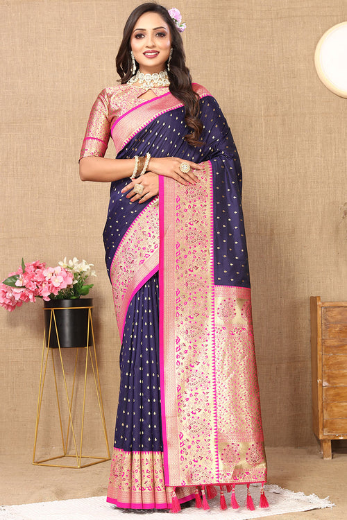 Load image into Gallery viewer, Chatoyant Navy Blue Soft Banarasi Silk Saree With Angelic Blouse Piece
