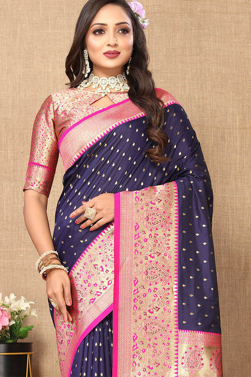 Load image into Gallery viewer, Chatoyant Navy Blue Soft Banarasi Silk Saree With Angelic Blouse Piece
