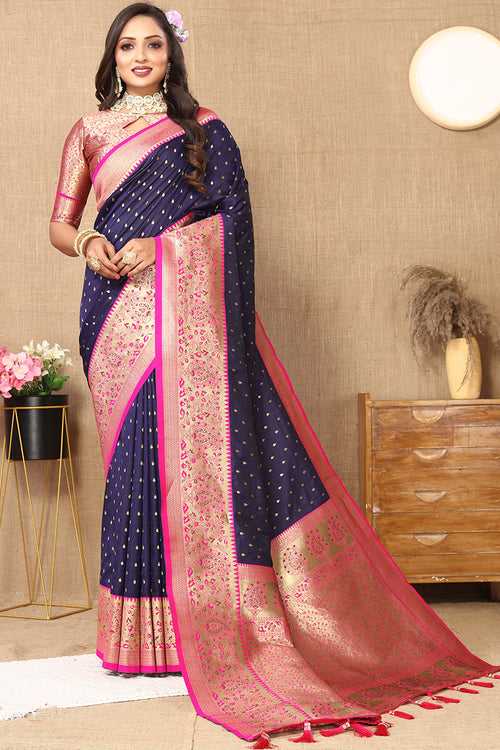 Load image into Gallery viewer, Chatoyant Navy Blue Soft Banarasi Silk Saree With Angelic Blouse Piece
