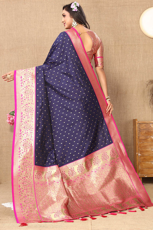 Load image into Gallery viewer, Chatoyant Navy Blue Soft Banarasi Silk Saree With Angelic Blouse Piece
