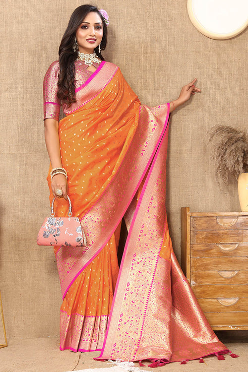 Load image into Gallery viewer, Fairytale Orange Soft Banarasi Silk Saree With Classic Blouse Piece
