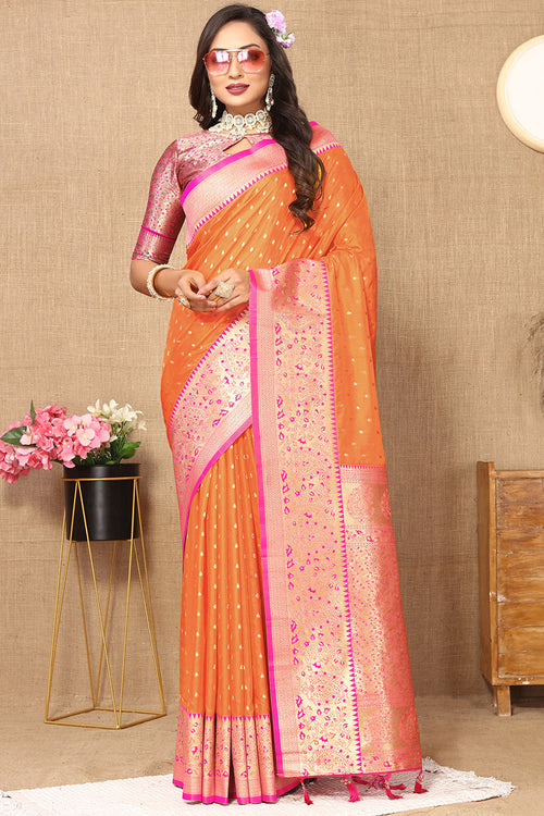 Load image into Gallery viewer, Fairytale Orange Soft Banarasi Silk Saree With Classic Blouse Piece
