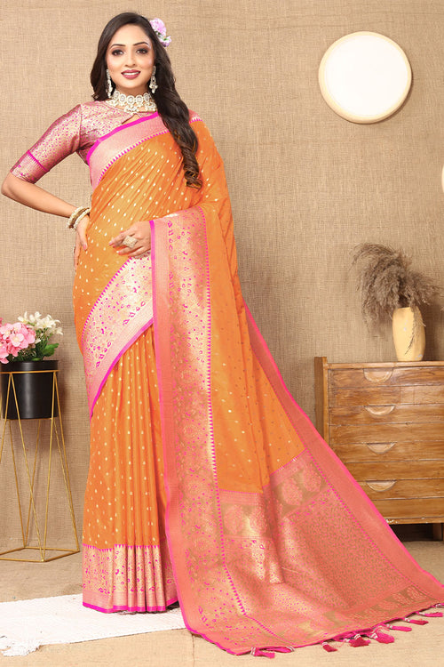 Load image into Gallery viewer, Fairytale Orange Soft Banarasi Silk Saree With Classic Blouse Piece
