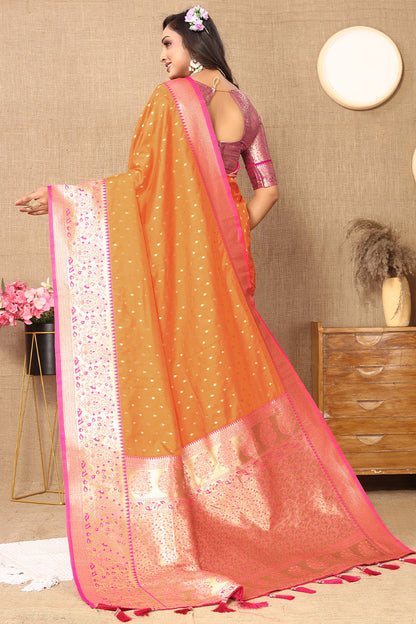 Fairytale Orange Soft Banarasi Silk Saree With Classic Blouse Piece