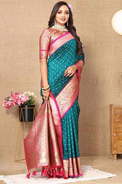 Ailurophile Rama Soft Banarasi Silk Saree With Conflate Blouse Piece