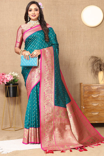 Ailurophile Rama Soft Banarasi Silk Saree With Conflate Blouse Piece