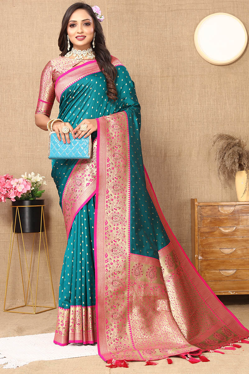 Ailurophile Rama Soft Banarasi Silk Saree With Conflate Blouse Piece