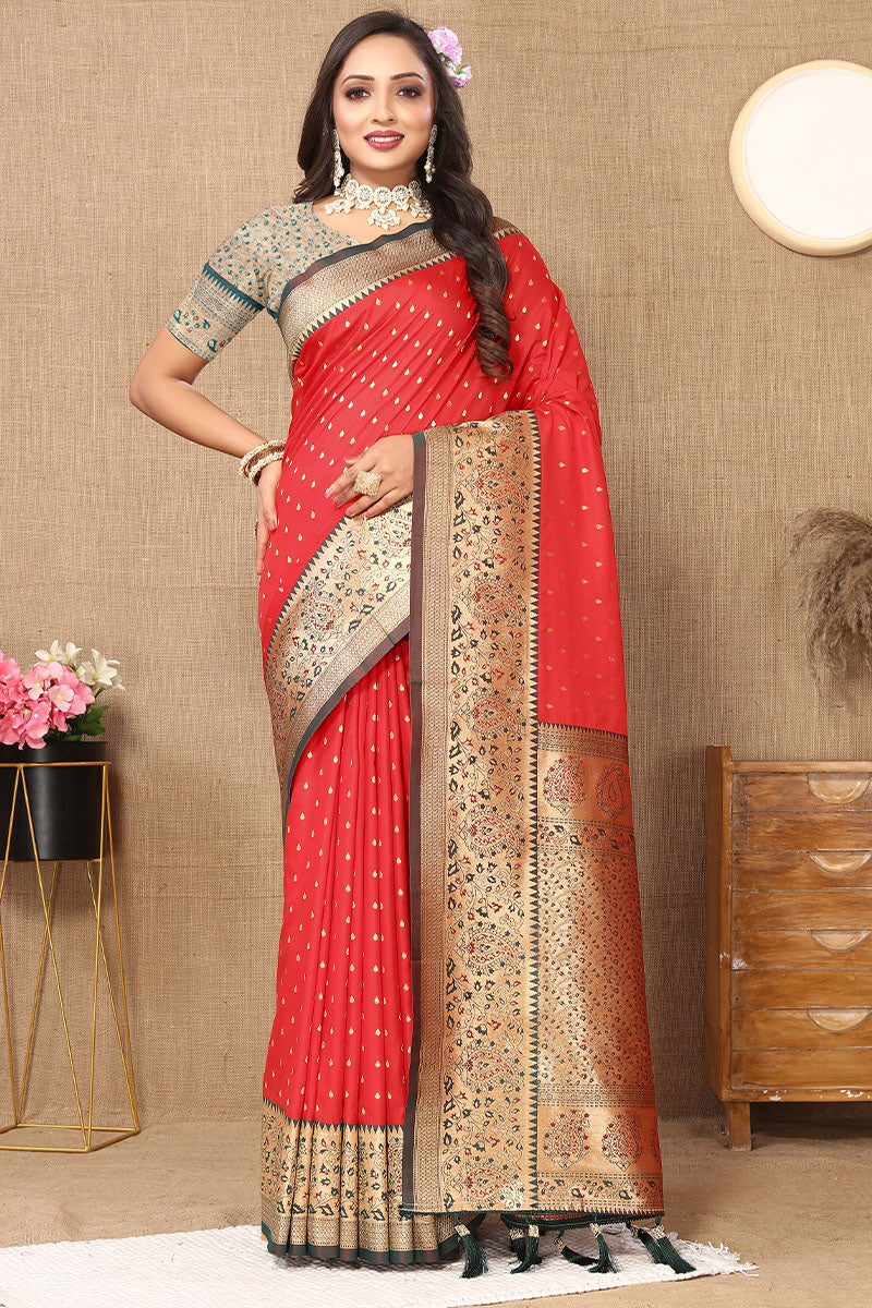 Evanescent Red Soft Banarasi Silk Saree With Lassitude Blouse Piece