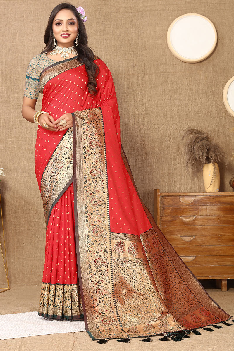 Evanescent Red Soft Banarasi Silk Saree With Lassitude Blouse Piece