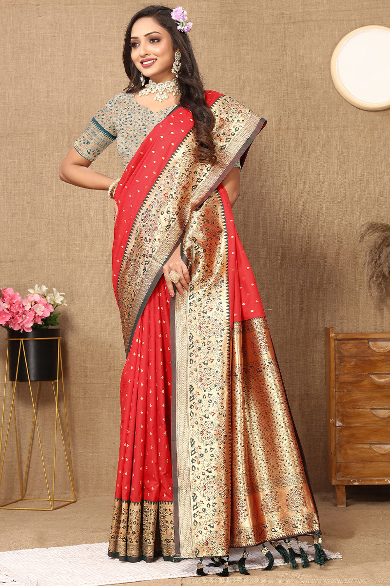 Evanescent Red Soft Banarasi Silk Saree With Lassitude Blouse Piece