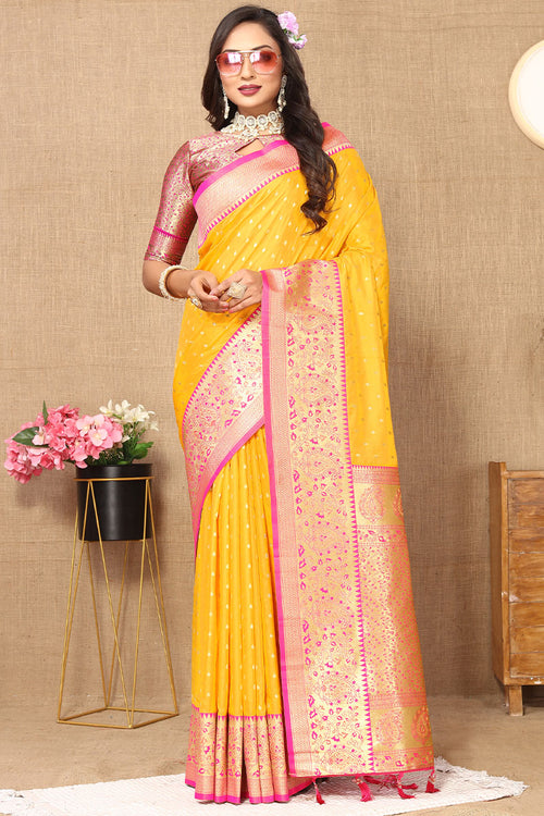 Load image into Gallery viewer, Desuetude Yellow Soft Banarasi Silk Saree With Incredible Blouse Piece
