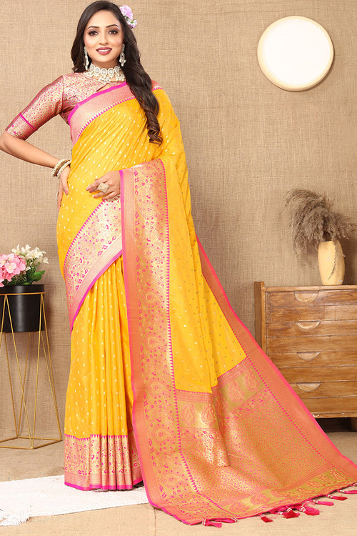 Load image into Gallery viewer, Desuetude Yellow Soft Banarasi Silk Saree With Incredible Blouse Piece
