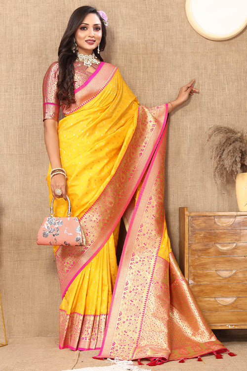 Load image into Gallery viewer, Desuetude Yellow Soft Banarasi Silk Saree With Incredible Blouse Piece
