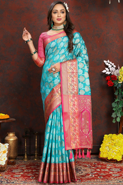 Load image into Gallery viewer, Surreptitious Firozi Soft Banarasi Silk Saree With Felicitous Blouse Piece
