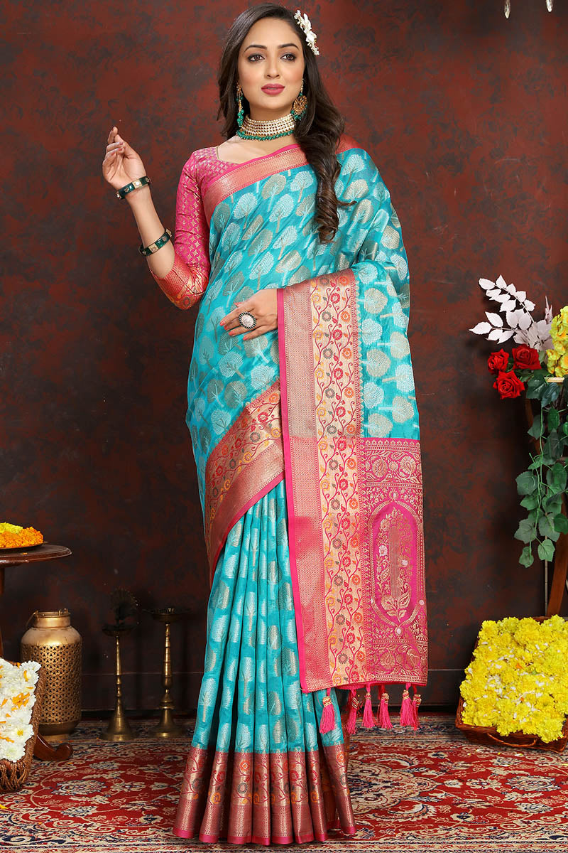 Surreptitious Firozi Soft Banarasi Silk Saree With Felicitous Blouse Piece