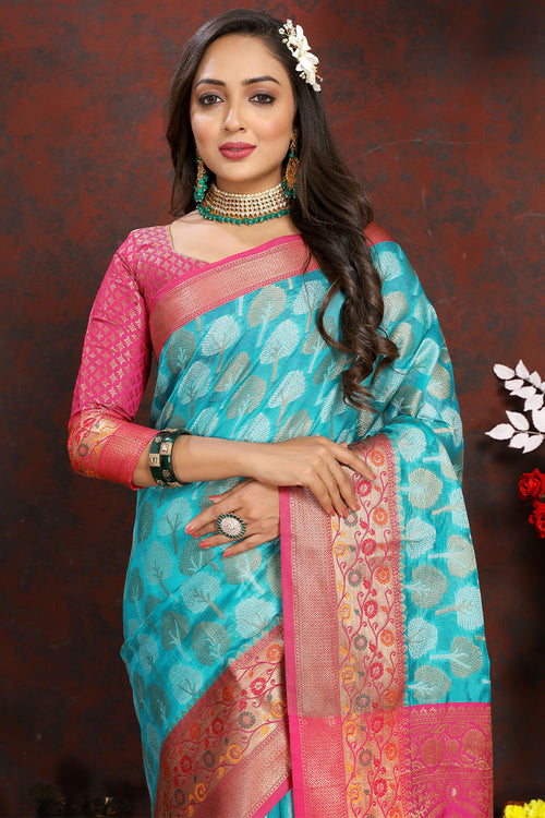 Load image into Gallery viewer, Surreptitious Firozi Soft Banarasi Silk Saree With Felicitous Blouse Piece
