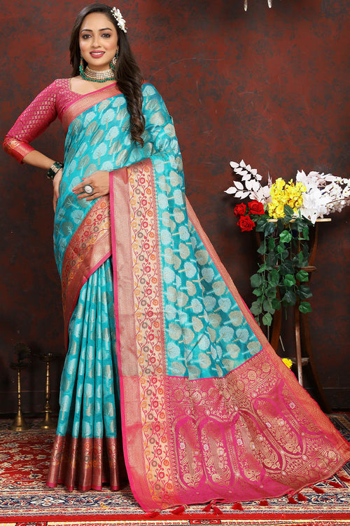 Load image into Gallery viewer, Surreptitious Firozi Soft Banarasi Silk Saree With Felicitous Blouse Piece
