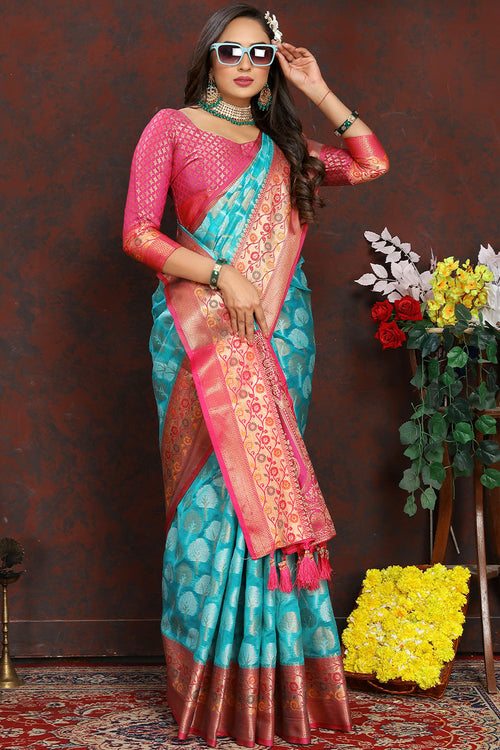 Load image into Gallery viewer, Surreptitious Firozi Soft Banarasi Silk Saree With Felicitous Blouse Piece
